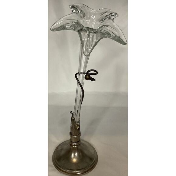 VTG Amaryllis Flower Vase In Silver Plated Ornate Metal Stand Art Glass 15.5 IN - Picture 2 of 16